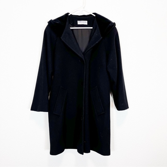 Vintage Forecaster Of Boston Long Black Wool Coat With Velvet Hood Size 4 - Picture 1 of 8